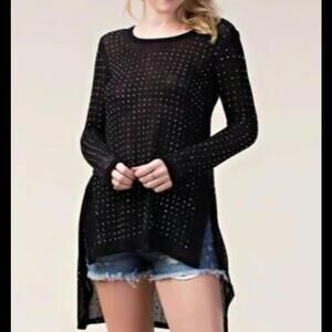 NWT Vocal black studded high low sheer sweater